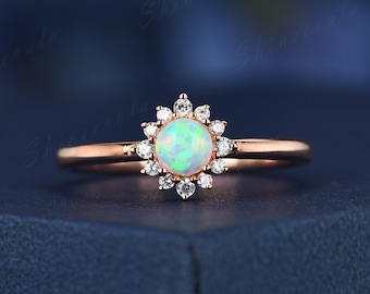 Unieke opaal ring vintage verlovingsring sterlingzilver witte vuuropaal trouwring roségouden moissaniet halo ring geboortesteen oktober
