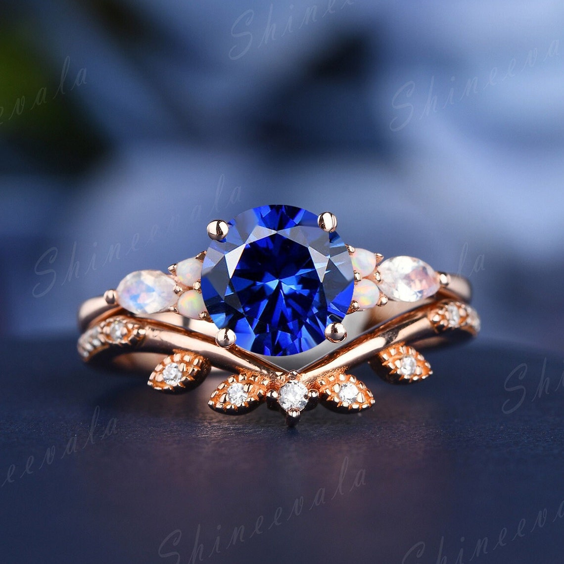 Blue Sapphire Ring Set Marquise Moonstone Engagement Ring Set Etsy