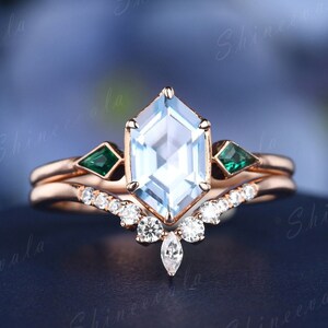 Hexagon cut aquamarine engagement ring set 18k March birthstone aquamarine wedding ring stacking diamond matching band stacking rings