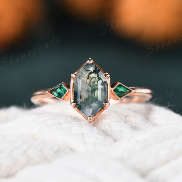 Hexagon Aquatic Moss Agate Ring 14k Rose Gold Vintage Engagement Ring Unique Kite Cut Emerald Wedding Ring Bezel Set Ring Handmade Jewelry