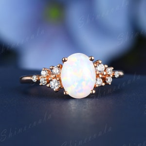 Opal Cluster Engagement Ring Unique Diamond Cluster Ring 14k Rose Gold Promise Ring For Women Oval Cut White Opal Inspired Ring