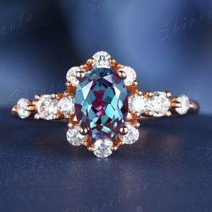 Oval cut vintage alexandrite moissanite engagement ring, sterling silver moissanite wedding ring, moissanite halo ring, anniversary gift