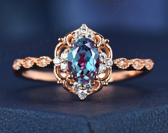 Vintage alexandrite ring, alexandrite wedding ring, rose gold engagement ring for women, antique rings, personalized ring for her