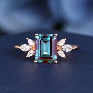 Emerald Cut Alexandrite Engagement Ring Gold Ring For Women Art Deco Moissanite Bridal Ring Marquise Cut Rings Promise Anniversary Gift