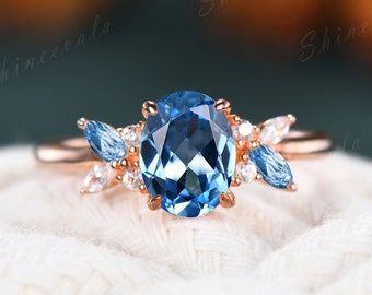 Swiss Blue Topaz Engagement Ring 10k rose gold moissanite eternity ring cluster engagement ring blue gemstone bridal jewelry