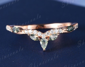 Minimalist Moss Agate Wedding Band Women Rose Gold Curved Moissanite Matching Band Stacking Gemstone Ring Sterling Silver Promise Ring