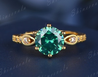 Green moissanite engagement ring, statement ring, vintage rings, yellow gold solitaire ring for women, art deco diamond wedding ring