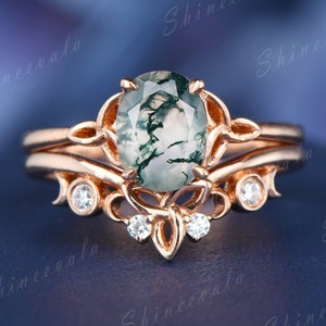 Oval moss agate engagement ring set 14k rose gold moissanite wedding band Celtic Knot ring 925 sterling silver ring for women promise ring