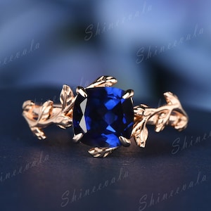 Cushion Cut Sapphire Engagement Ring Unique Blue Gemstone Leaf Ring Rose Gold September Birthstone Jewelry Anniversary Ring Gift For Her
