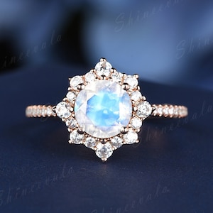 Rainbow Moonstone Ring Vintage Moonstone Engagement Ring Moonstone & Diamond Halo Ring Pave Eternity Band Minimalist Ring 14k/18k/silver