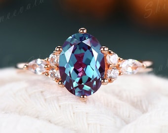 Oval Shaped Alexandrite Cluster Engagement Ring Moissanite Eternity Band 925 Sterling Silver Custom Handmade Wedding Ring For Women