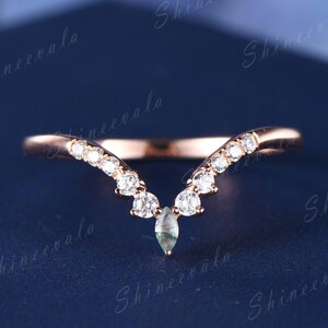 Delicate diamond wedding band art deco rose gold wedding band marquise aquatic moss agate ring solid gold chevron ring 14k 18k