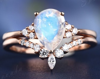 Pear Moonstone Engagement Rings Rose Gold Silver Wedding Rings For Women Tara Diamond Matching Band Stackable Bridal Rings