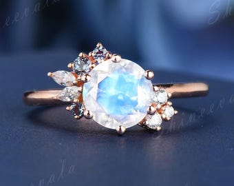 Artistical rainbow moonstone ring 14k solid gold engagement ring cluster alexandrite moissanite art deco wedding band Valentine gift for her