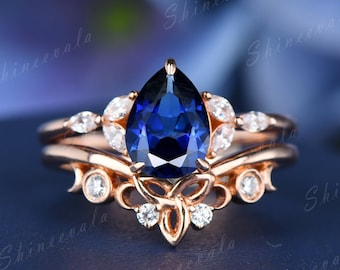 Dainty Sapphire Ring Set Blue Sapphire Gold Ring Diamond Sapphire Engagement Ring Set Floral Diamond Matching Band Unique Bridal Set