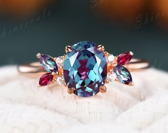Vintage Alexandrite Ring Rose Gold Vermeil Engagement Ring Art Deco Marquise Ruby Alexandrite June Birthstone Ring Anniversary Gift For Her