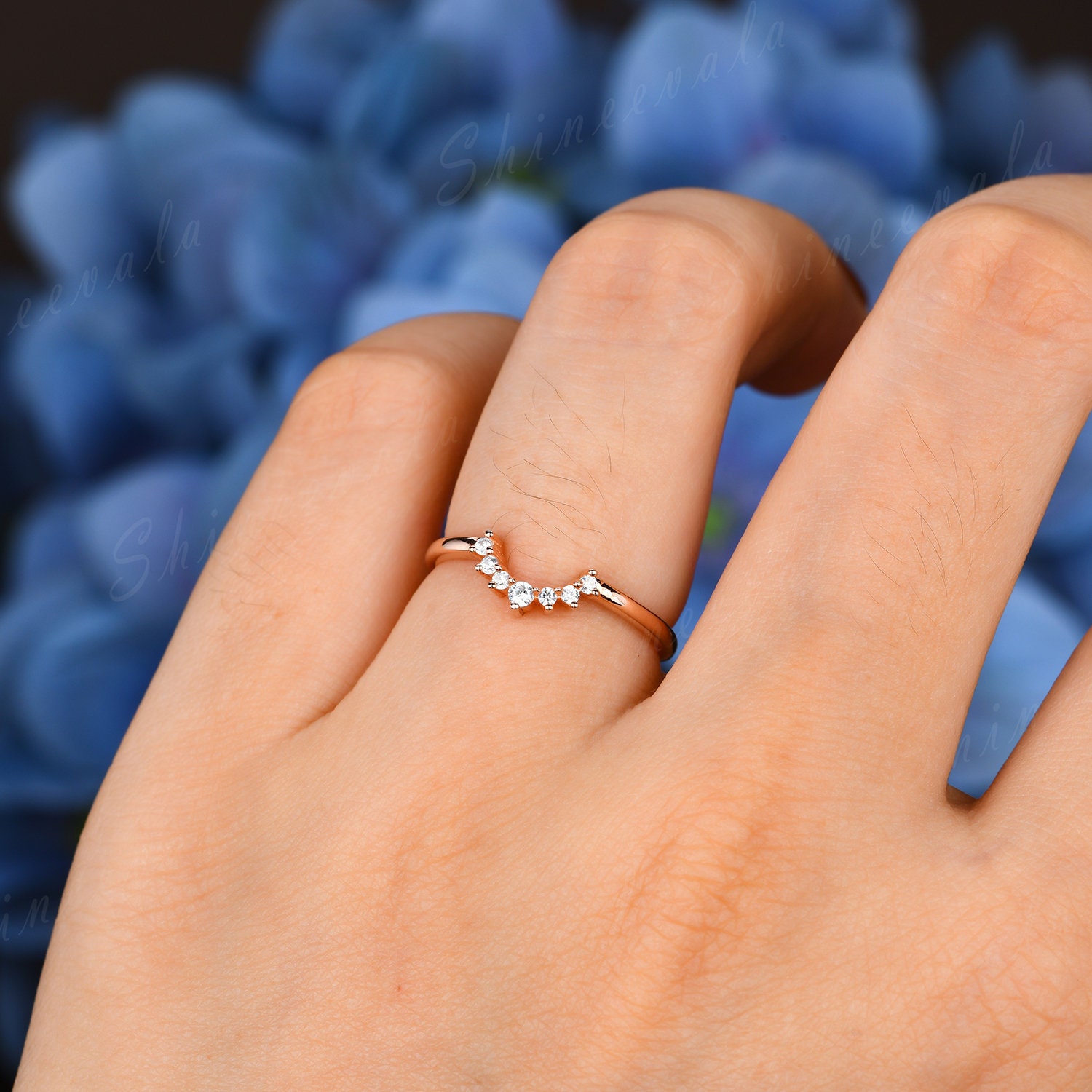 Moissanite Curved Wedding Band Rose Gold Chevron Ring Diamond Stacking ...