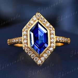 Hexagon Cut Blau Saphir und Diamant Ring In Solid Gold Vintage Verlobungsring Frauen Diamant Ehering Halbe Ewigkeit Diamant Band