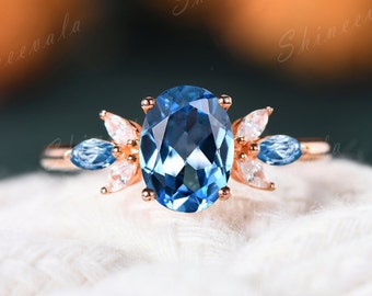 Swiss Blue Topaz Engagement Ring 14K Solid Gold Promise Ring Marquise Topaz Moissanite Floral Band November Birthstone Jewelry Ring Propose