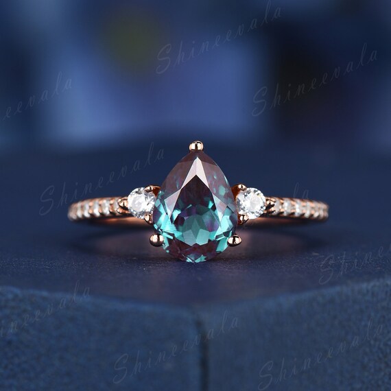 14K Rose Gold Three Stone Pear Shaped Alexandrite Engagement Ring