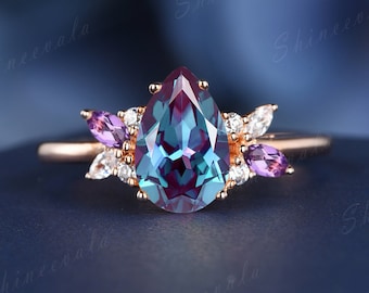 Pear Alexandrite Engagement Ring Rose Gold Cluster Gemstone Wedding Ring For Women Personalized Anniversary Ring Custom Gift For Girlfriend