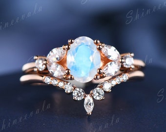 Moonstone engagement ring rose gold wedding ring set for women V Shaped moissanite matching band personalized gemstone ring