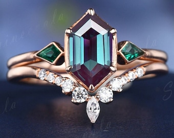 Rose Gold Alexandrite Wedding Ring Set Hexagon Cut Alexandrite Engagement Ring Marquise Art Deco Diamond Wedding Ring June Birthstone Rings