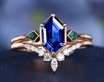 Hexagon blue sapphire engagement ring set 14k rose gold moissanite matching band kite cut emerald wedding ring stackable bridal set