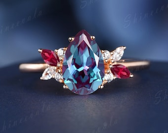 Pear alexandrite engagement ring, inspired ruby diamond accent, color change gemstone unique custom jewelry for her anniversary Valentine