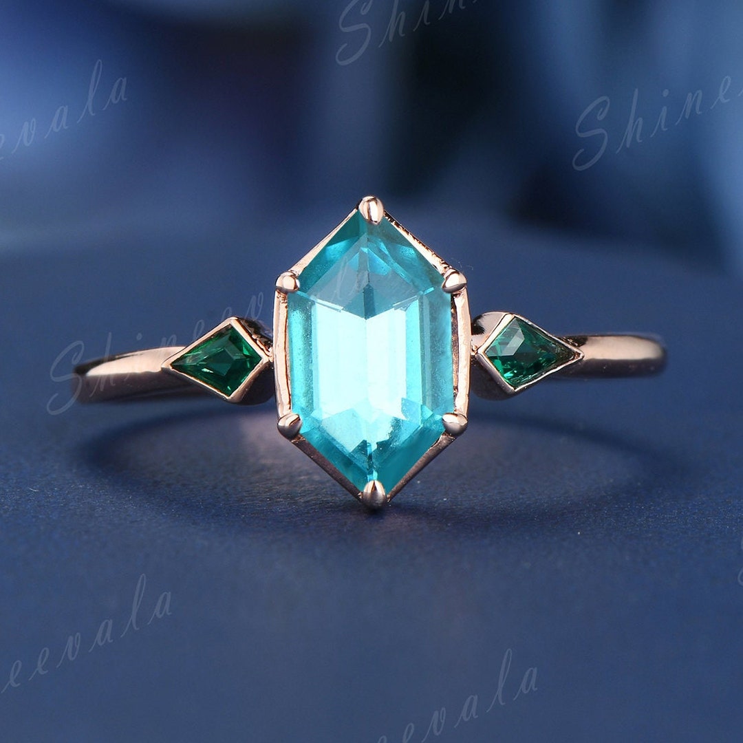 Sky Blue Topaz Engagement Ring Hexagon Engagement Ring 14k Rose Gold Kite  Cut Emerald Ring Band Unique Bezel Set Promise Ring