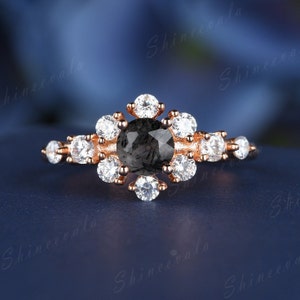 Black Rutilated Quartz Diamond Engagement Ring 18k Rose Gold Wedding Ring Unique Black Gemstone Promise Halo Ring Anniversary Gift