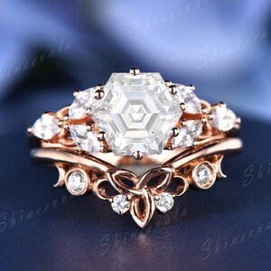 Hexagon Cut Moissanite Ring Set Solid Gold Wedding Rings For Women Norse Viking Style Wedding Band Stackable Promise Bridal Ring Set Gift