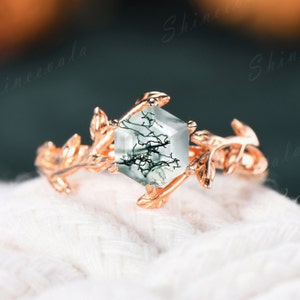 Moss Agate Rose Gold Engagement Ring Silver Hexagon Wedding Ring Twig Leaf Flower Style Promise Ring Natural Gemstone Solitaire Ring