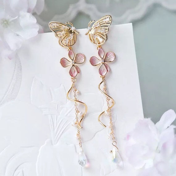 Long dangle butterfly earrings deals