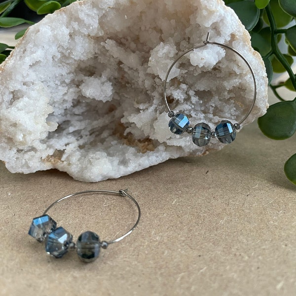 Silver Hoop Earrings With Blue Reflective Beads | Glass Bead Hoop Earrings | Hoops For Women | Gift For Her