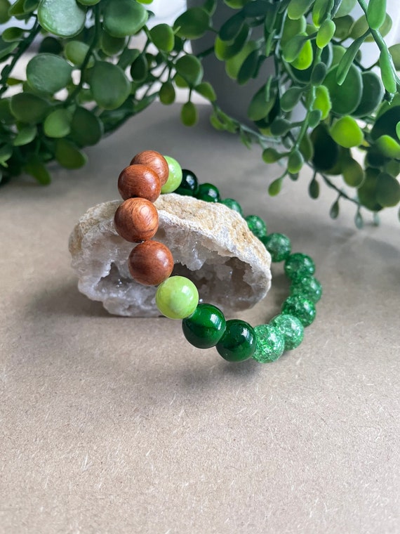 Mixed Green Glass Bead Bracelet With Wood Beads Round Beads Elastic String  Bracelet Handmade Jewelry Gift 