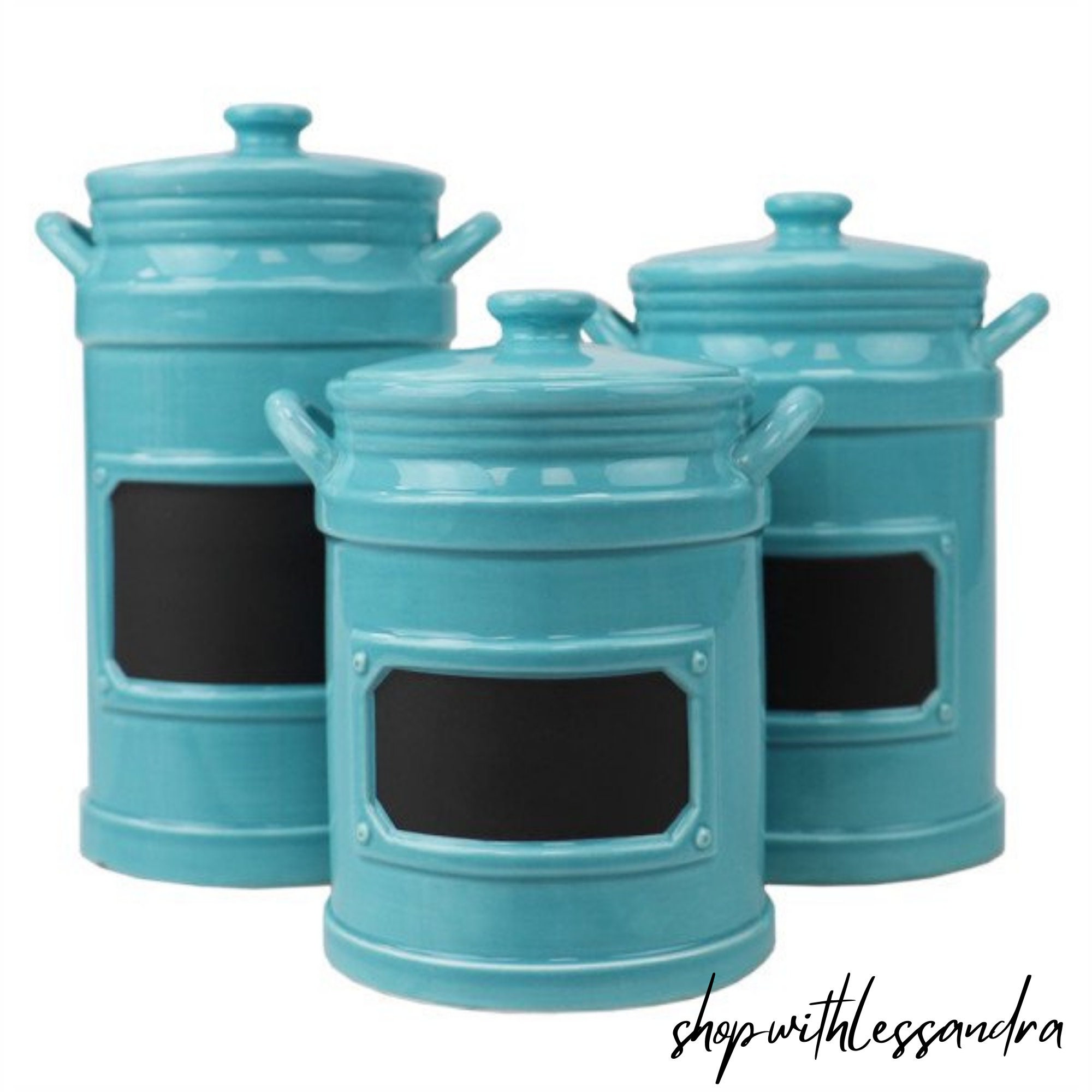 3 Pieces Ceramic Canisters With Chalkboard Labels Turquoise Etsy