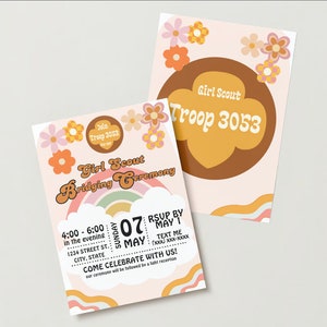 May include: A pink and brown invitation with a rainbow and clouds. The invitation is for a Girl Scout Bridging Ceremony for Troop 3053 on May 7th. The text reads "Girl Scout Bridging Ceremony", "Sunday, May 07", "4:00 - 6:00 in the evening", "1234 Street St., City, State", "RSVP by May 1", "Text me (XXX) XXX-XXXX", "Come Celebrate with us!"