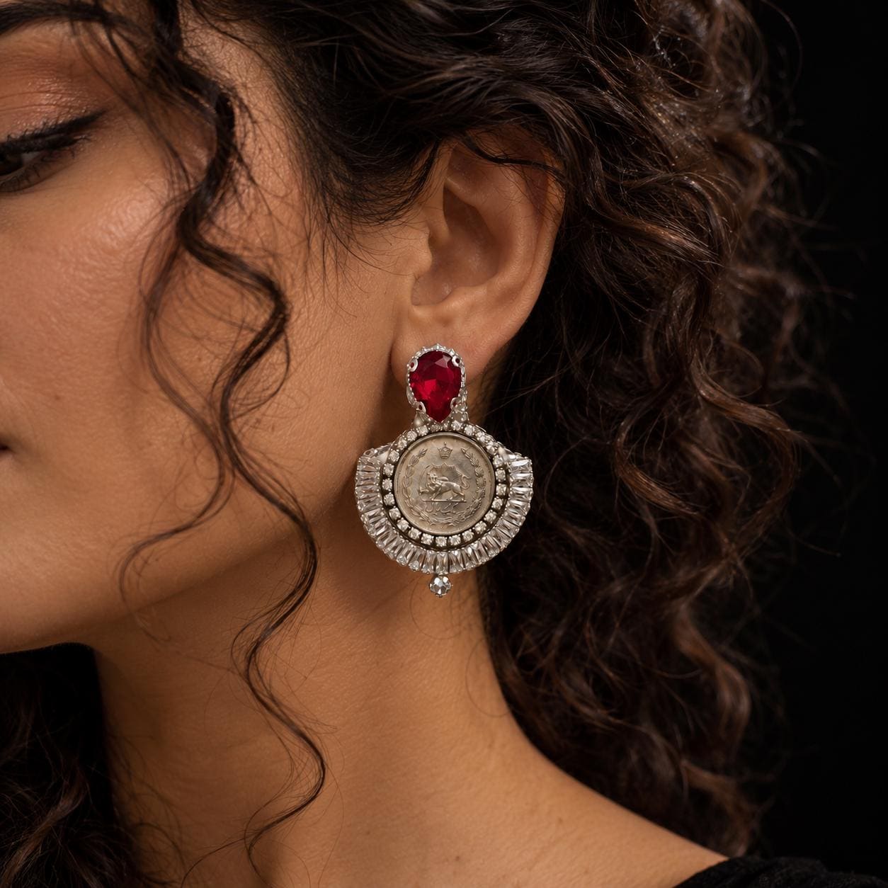 Boucles d'oreilles lion persan et soleil - Persian (Iran) coin earring pahlavi