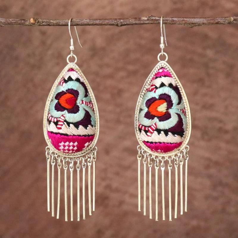 Boucles d'oreilles brodées ovales à franges, fleurs multicolores, bijou Paris