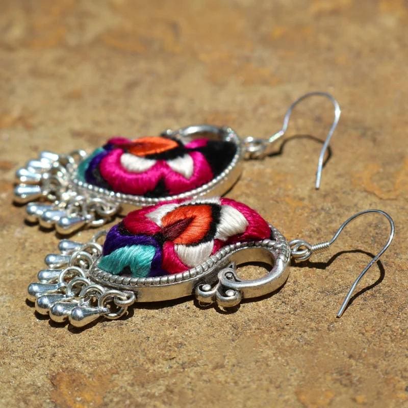 Boucles d'oreilles brodées paisley à franges, fleurs multicolores, bijou Paris