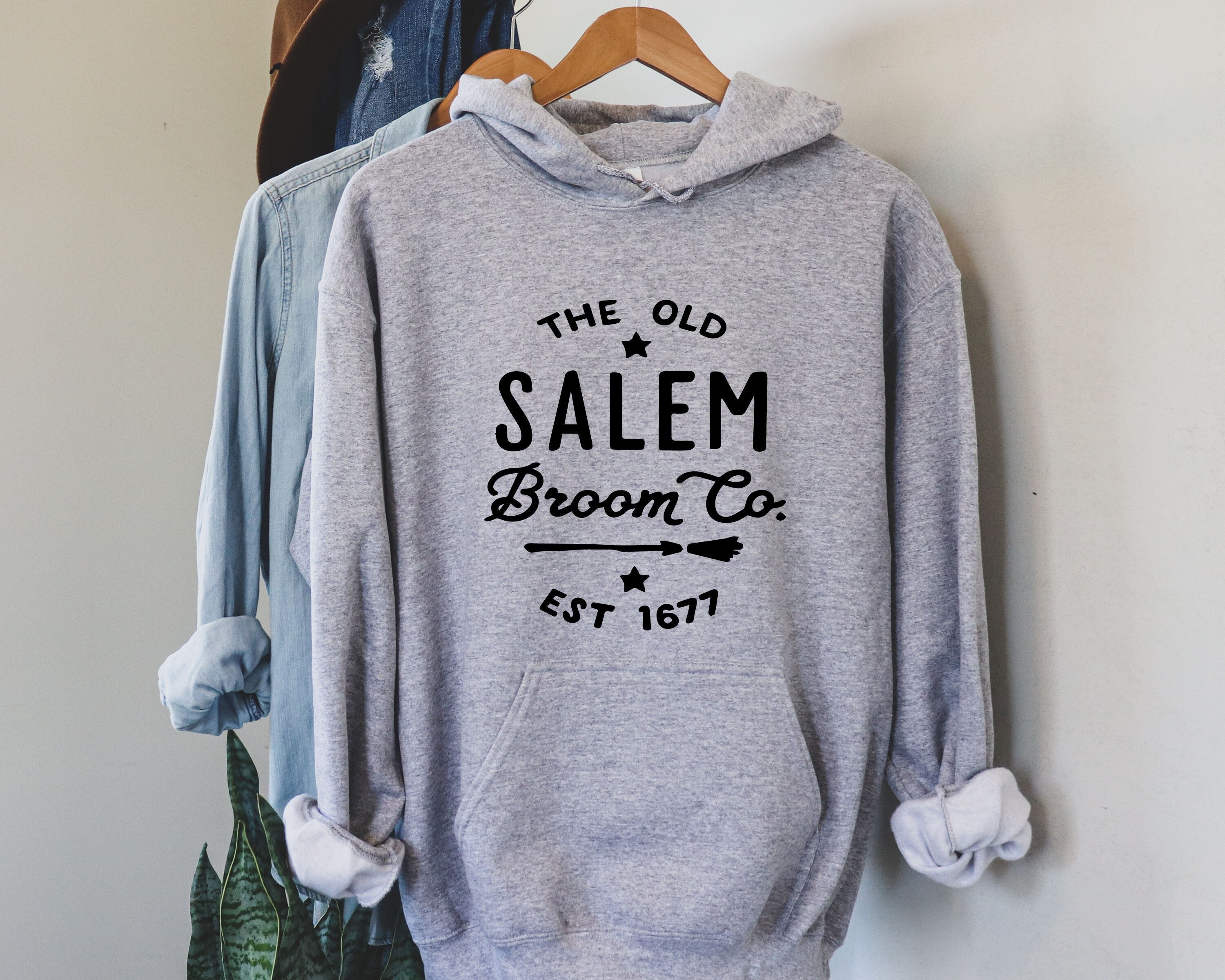 NatureartdesignUS Old Salem Broom Company Hoodie, Witch Hooded Sweatshirt, Salem Broom Co Sweater, Halloween Crewneck Salem, Halloween Gift, Party Sweater