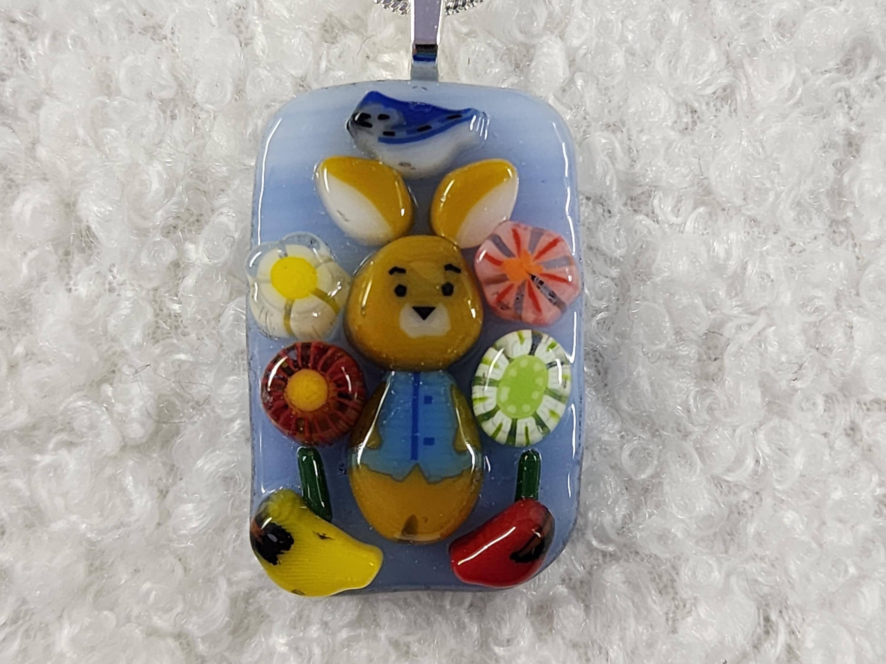 Fused Glass Rabit Fused Glass Murrini Dressed Bunny Rabbit With Birds in Flower Garden ...