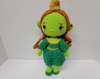 Hand Made Crocheted Green Fairy Queen Orc Princess Shrek Brown Hair 11.5" Doll Finished Product.