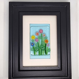 Framed Fused Glass Picture of Wildflowers in a Meadow Art in Black Frame