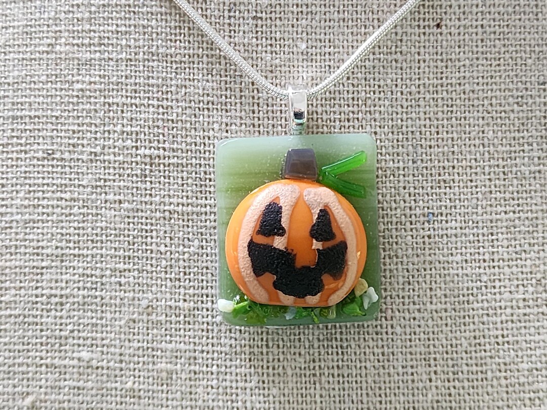 Fused Glass Halloween Jack O Lantern Pumpkin Pendant Necklace With ...
