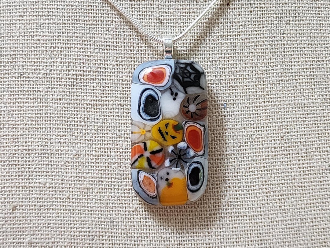 Fused Glass Murrini Rectangle Halloween Pendant Necklace With Chain ...