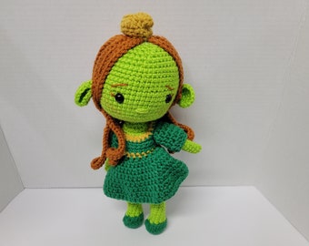 Hand Made Crocheted Green Fairy Queen Orc Princess Shrek Brown Hair 15" Doll Finished Product