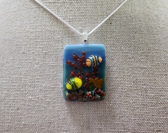 Fused Glass Clownfish Coral Ocean Pendant -20" chain necklace -  Fish #4