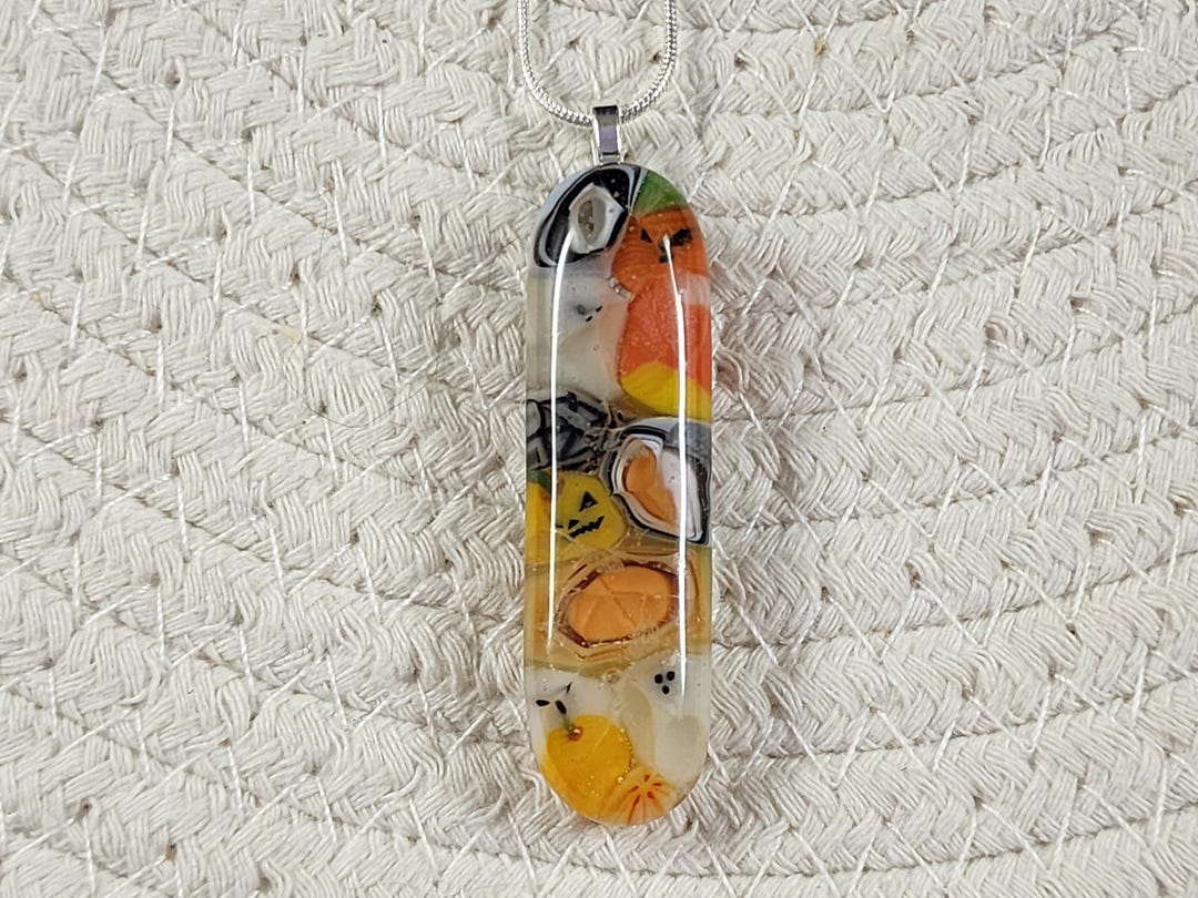 Fused Glass Murrini Long Skinny Oval Halloween Pendant Necklace With ...